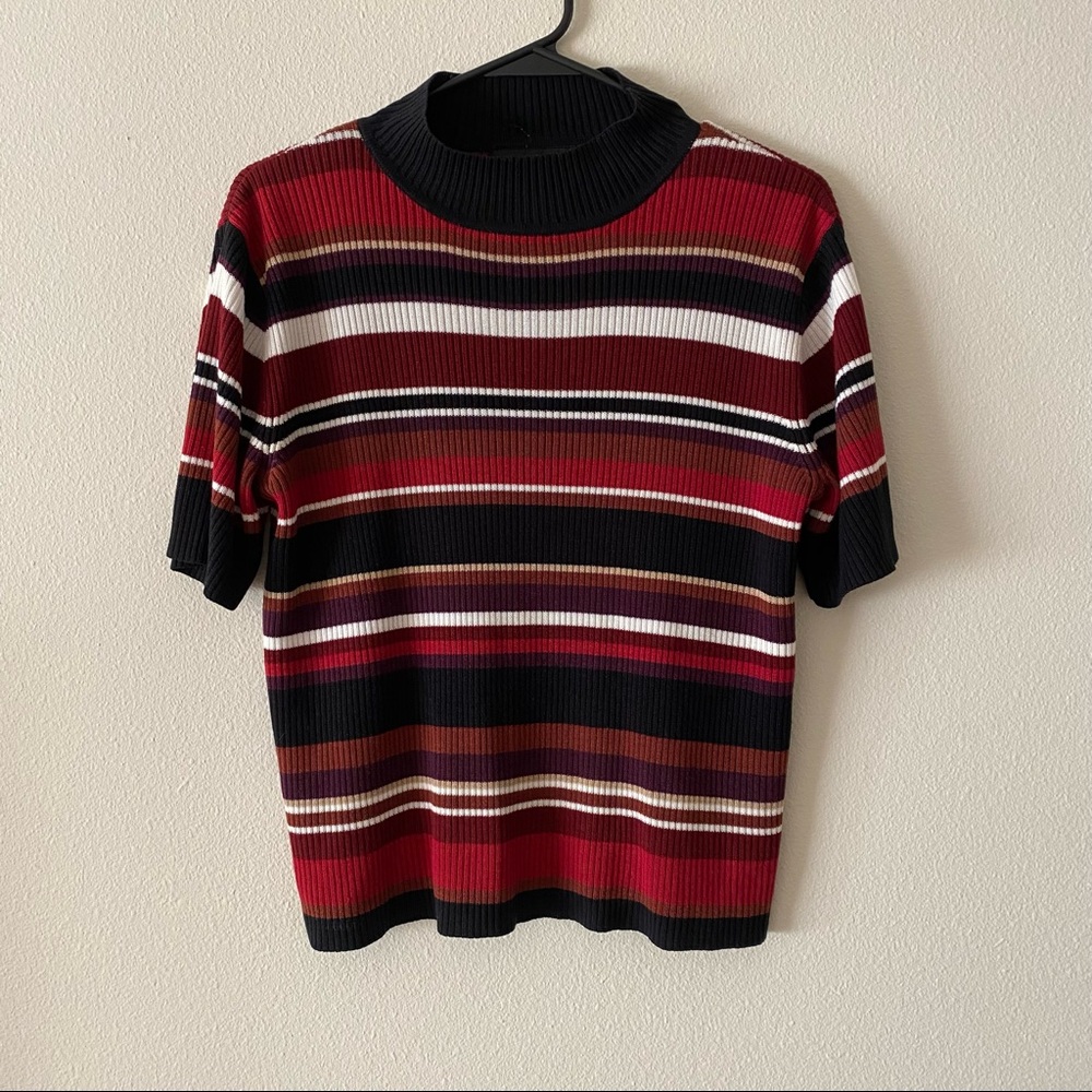 Sag Harbor striped mock neck ribbed short sleeve sweater